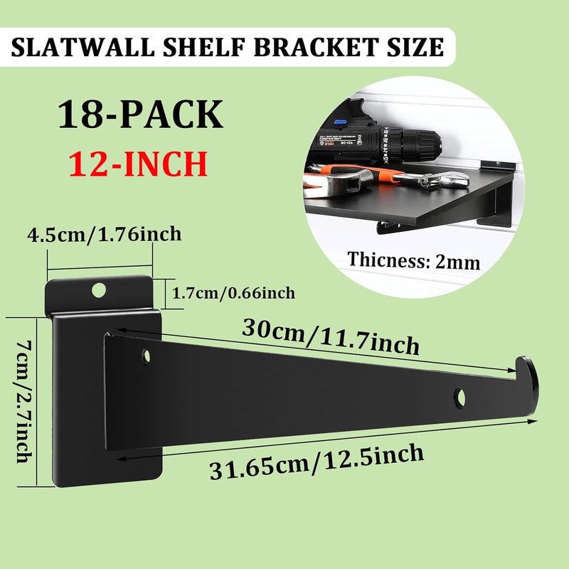 APOCHON 18 Pack Slatwall Shelf Bracket 12 inch, Heavy Duty Metal Shelf Brackets for Shelves,Black Slat Wall Shelf Bracket Slatwall Accessories with Lip for Slatwall Panels Shelving Display Home Commercial - Image 2